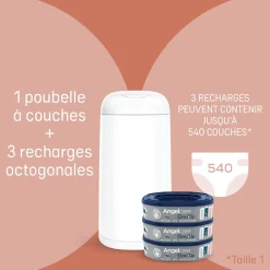 Angelcare                    Starter Pack Poubelle à couches Dress Up+ 3 recharges octogonales    Blanc