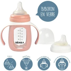 Béaba Biberon d'apprentissage 2 en 1 en verre Old Pink 210 ml