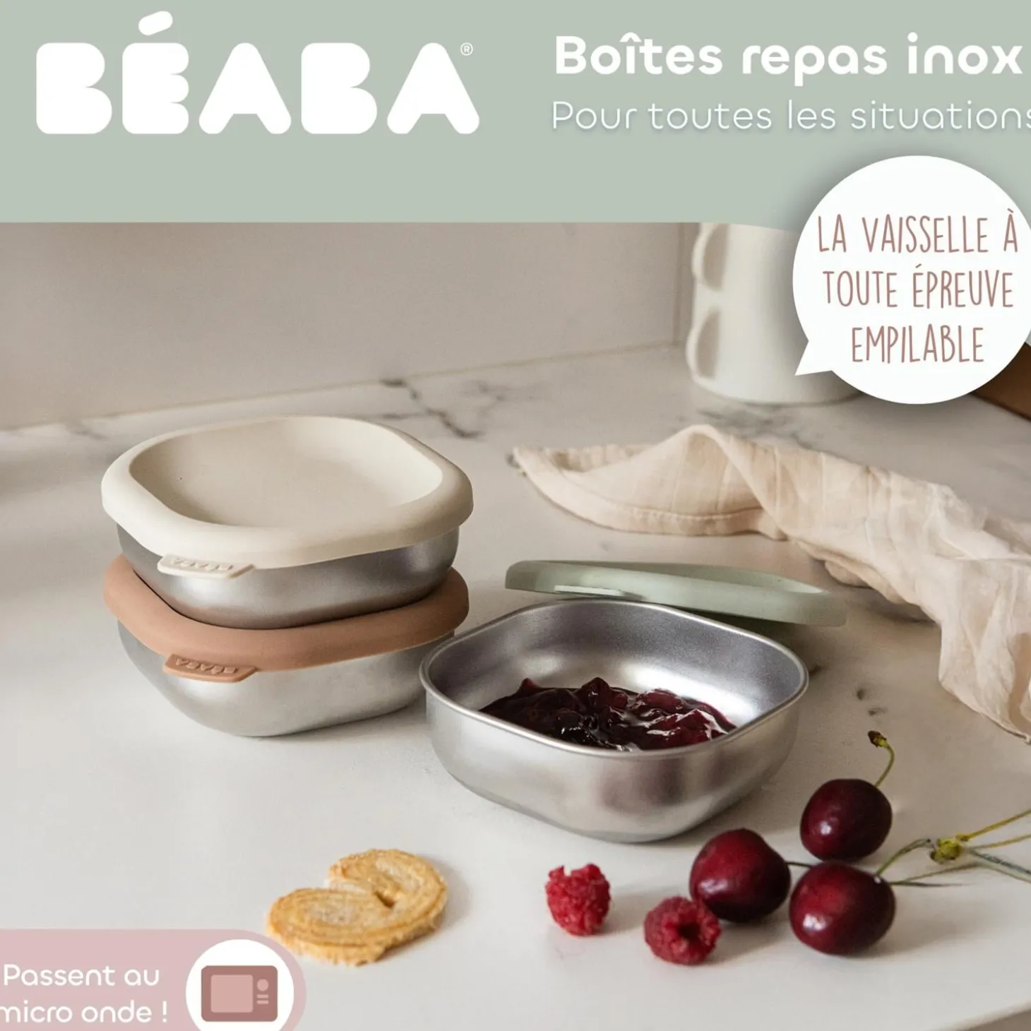 Béaba Boîtes Repas Inox Multi-Usage x3 Natural Set