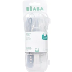Béaba                    Lot de 2 cuillères silicone 1er âge avec boite    Duo Galet / Bleu nuage