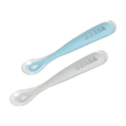 Béaba                    Lot de 2 cuillères silicone 1er âge avec boite    Duo Galet / Bleu nuage