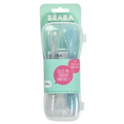 Béaba                    Lot de 2 cuillères silicone 1er âge avec boite    Duo Galet / Bleu nuage
