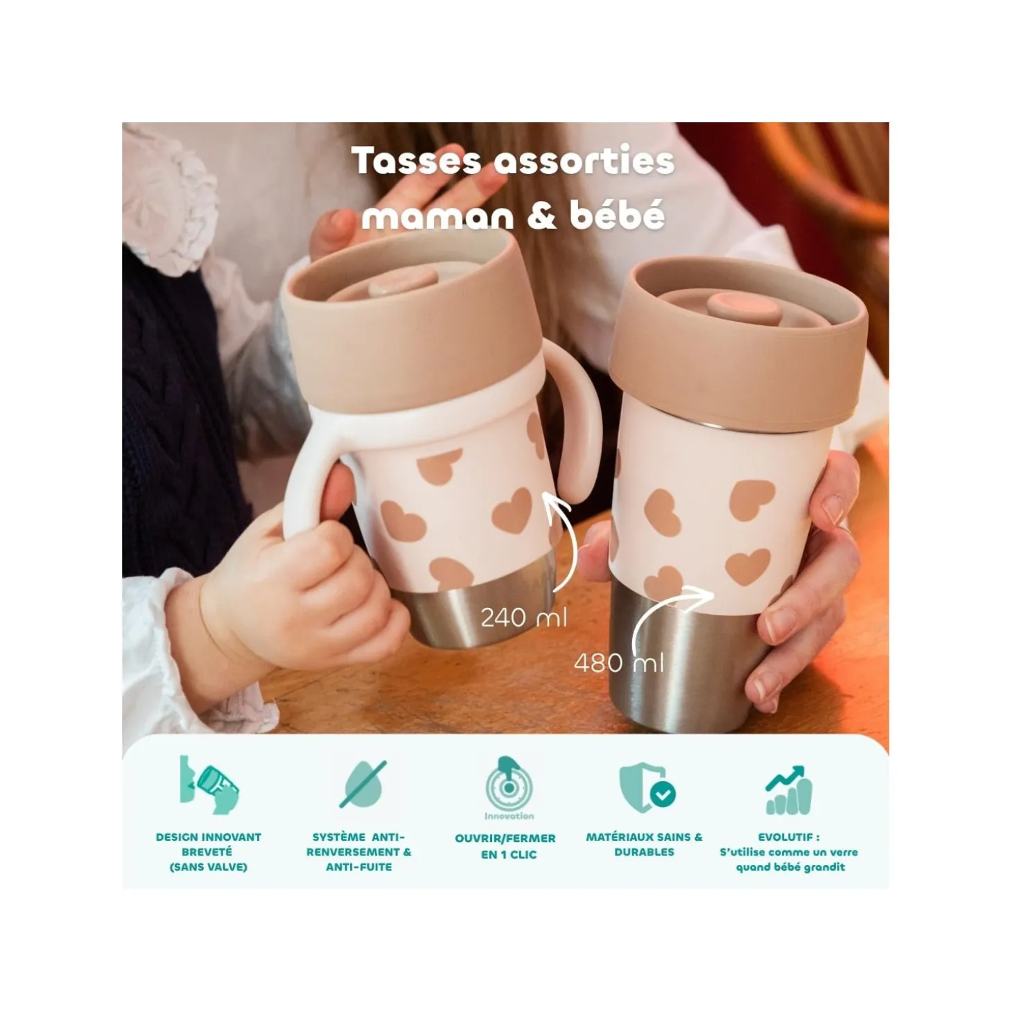 Béaba 2 Tasses Inox Click & Drink Mini & Me BigLove