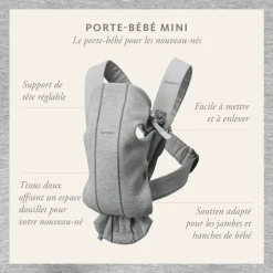 BabyBjörn Porte-bébé Mini Jersey Gris Charbon, Jersey 3D