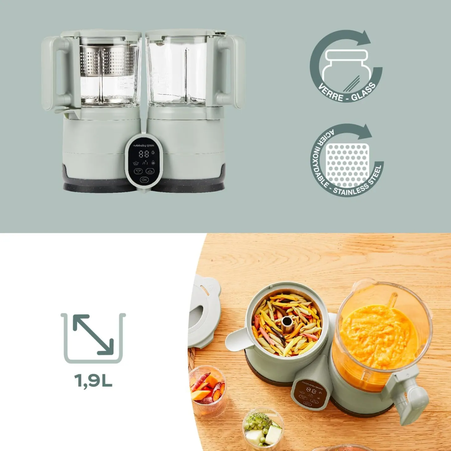 Babymoov Pack Nutribaby Glass multifonction + 2 Babybols Green Celadon