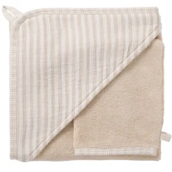 BB&Co Cape de bain + gant rayé Soft Stripes Écru/ Galet 70x70 cm
