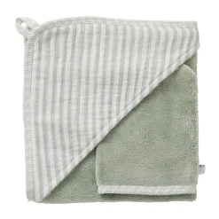 BB&Co Cape de bain + gant rayé Soft Stripes Écru/ Vert De Gris 70x70 cm