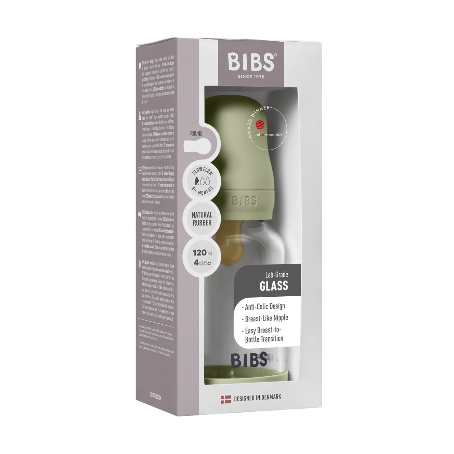 BIBS Biberon en verre Rond Caoutchouc naturel 1 Pack Sage 120 ml - Débit lent