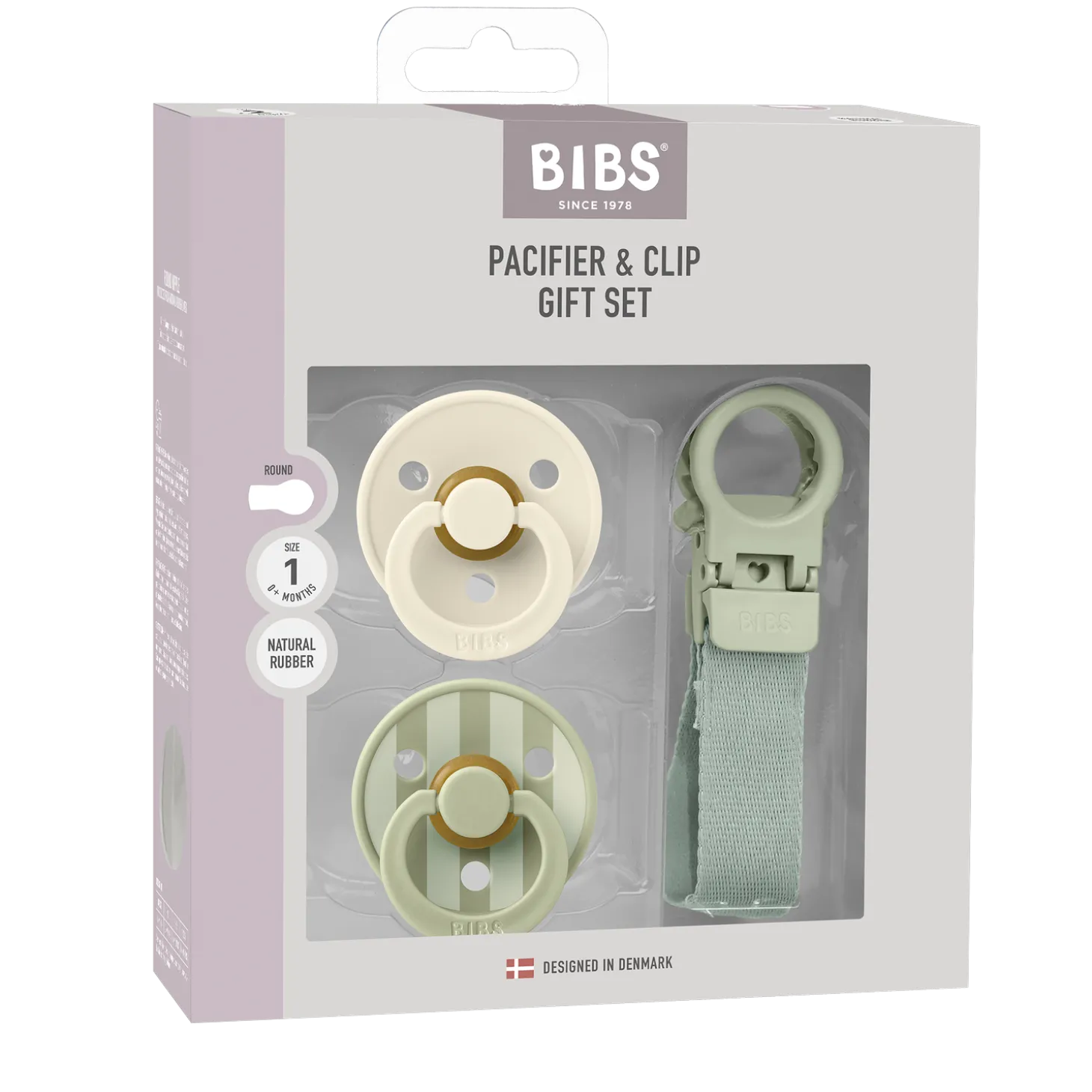 BIBS Coffret Cadeau Tétine et Attache Tétine Loop Caoutchouc Naturel Sage T1