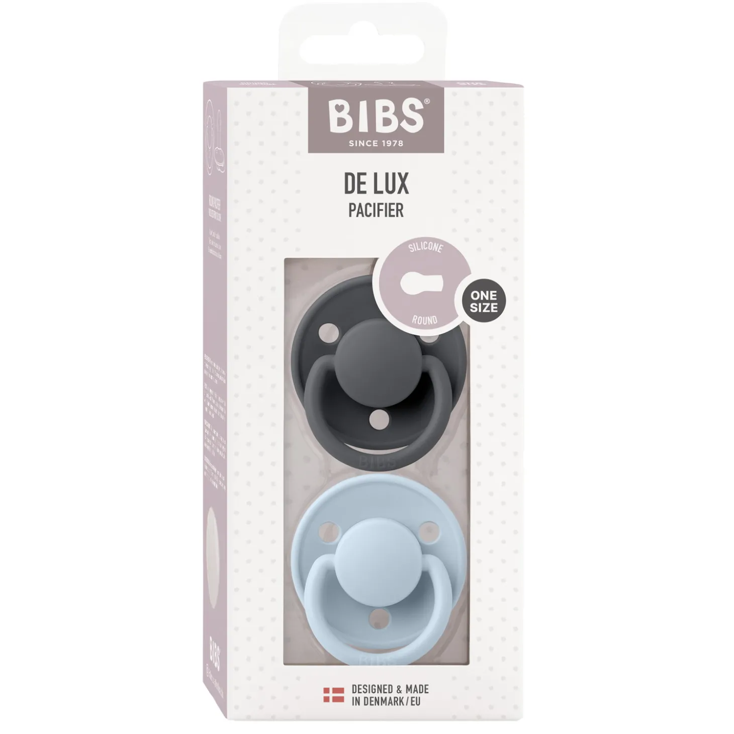 BIBS Tétines De Lux 2 Pack Silicone Iron/Baby Blue