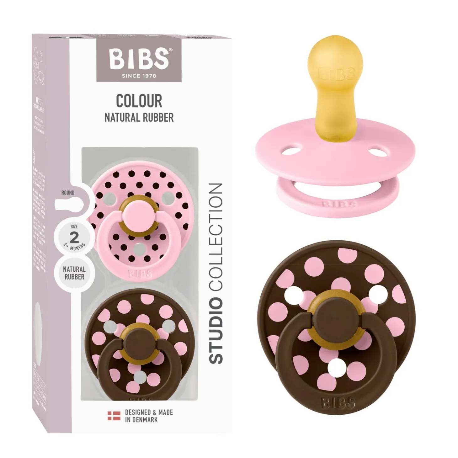 BIBS Tétine Studio Colour 2 Pack Polka Caoutchouc Baby Pink/Mocha Taille 2