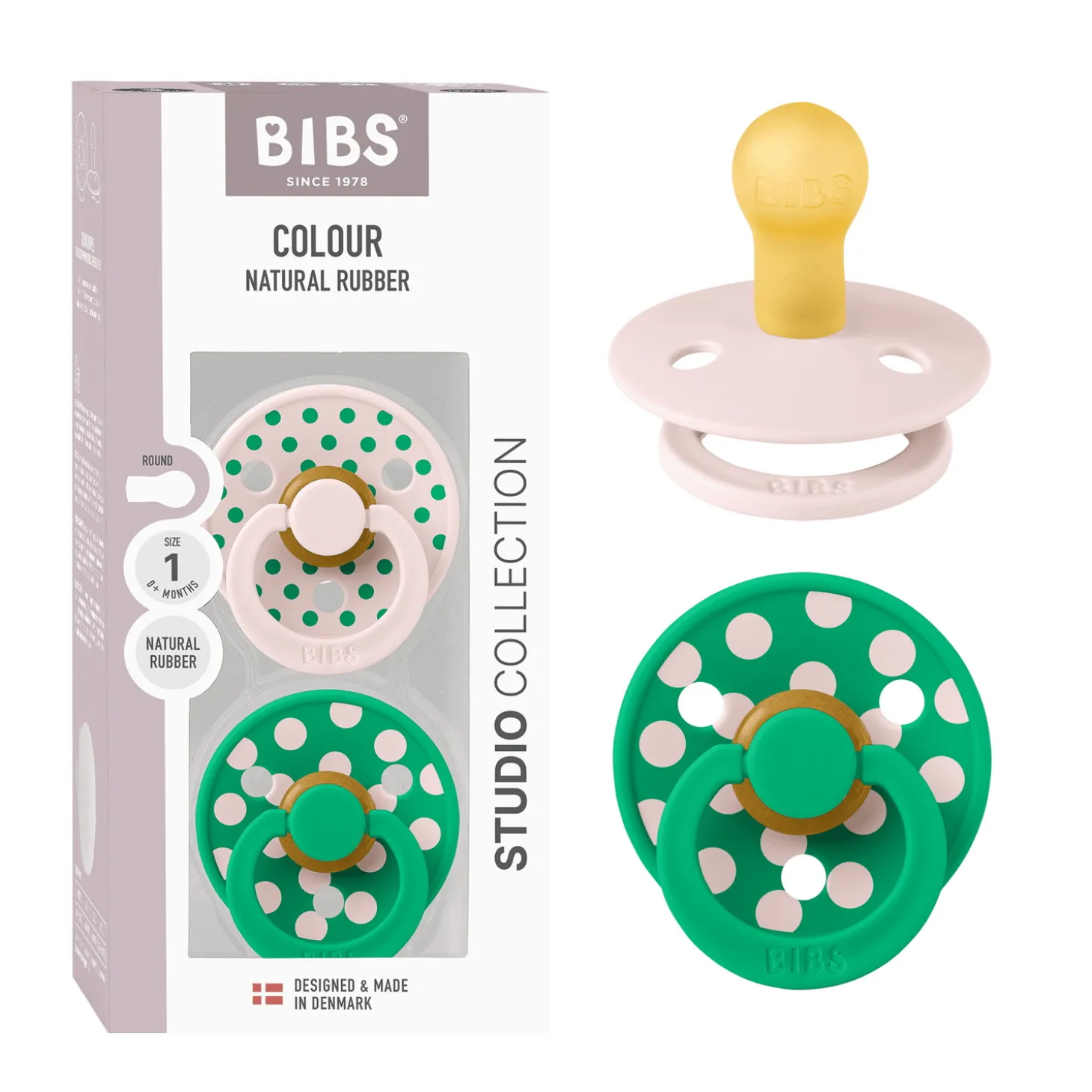 BIBS Tétine Studio Colour 2 Pack Polka Caoutchouc Petal/Cactus
