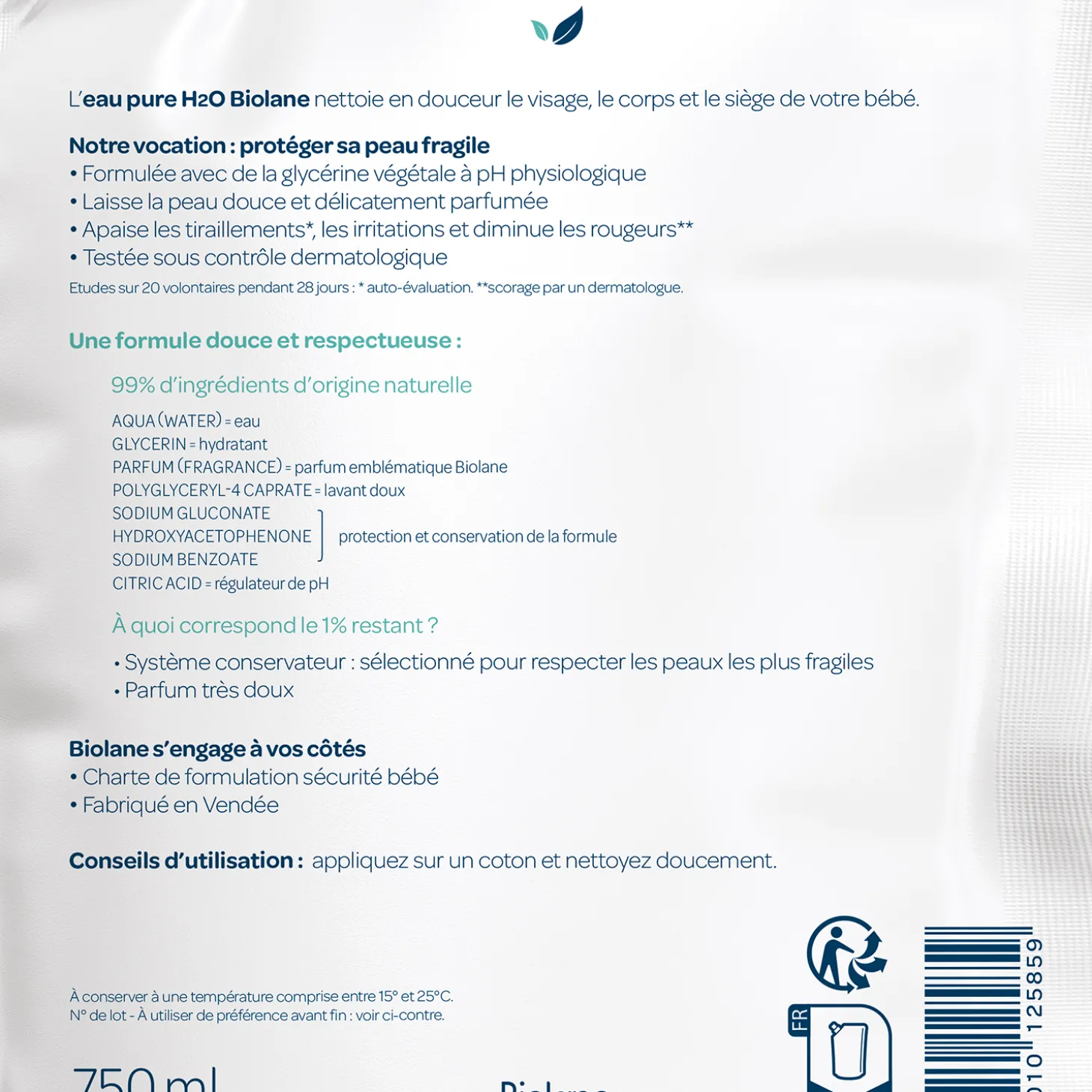 Biolane Écorecharge eau nettoyante Blanc 750 ml