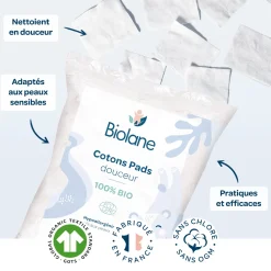 Biolane                    Cotons Pads Bio    Bleu Clair Et Blanc