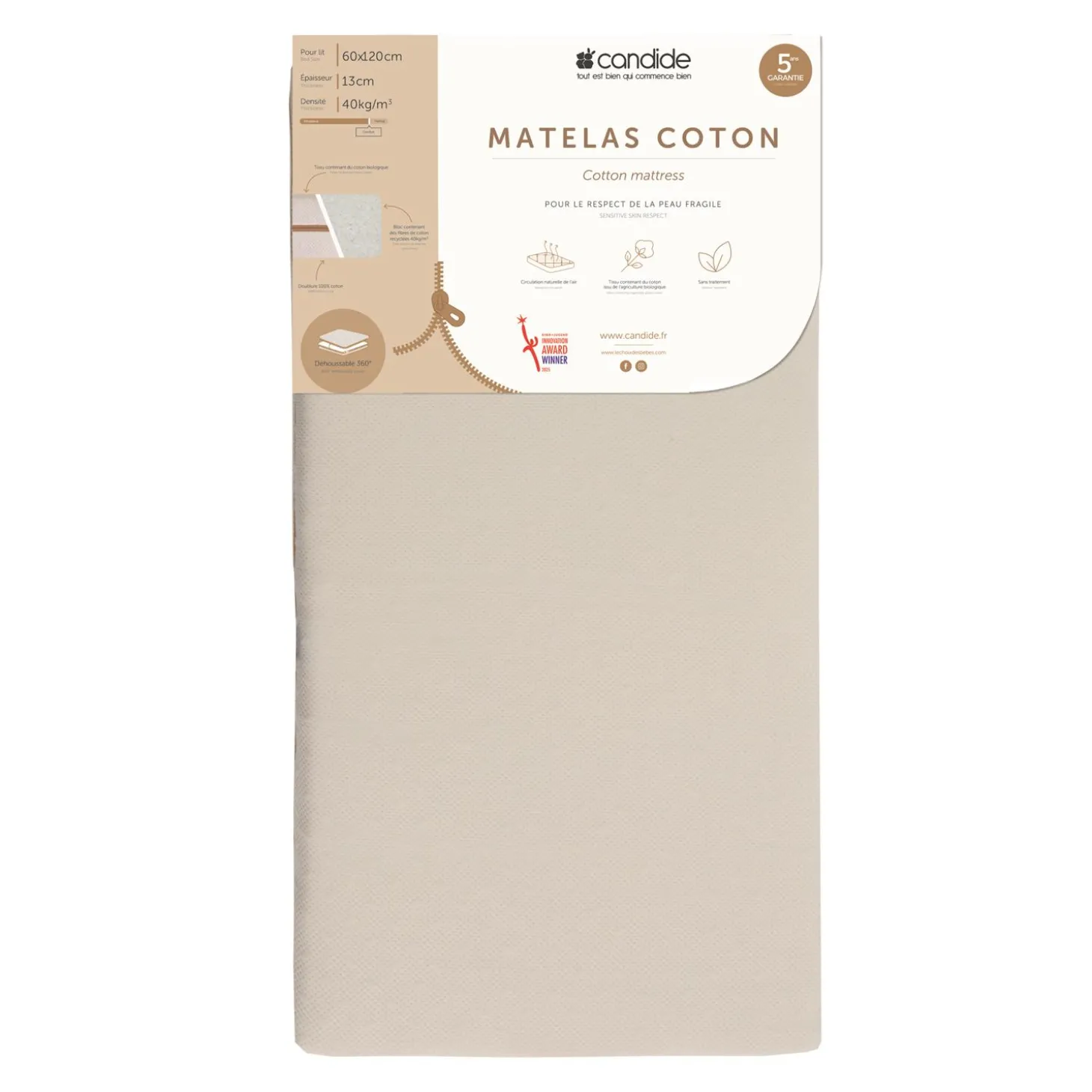 Candide Matelas Coton déhoussable 360° Ecru