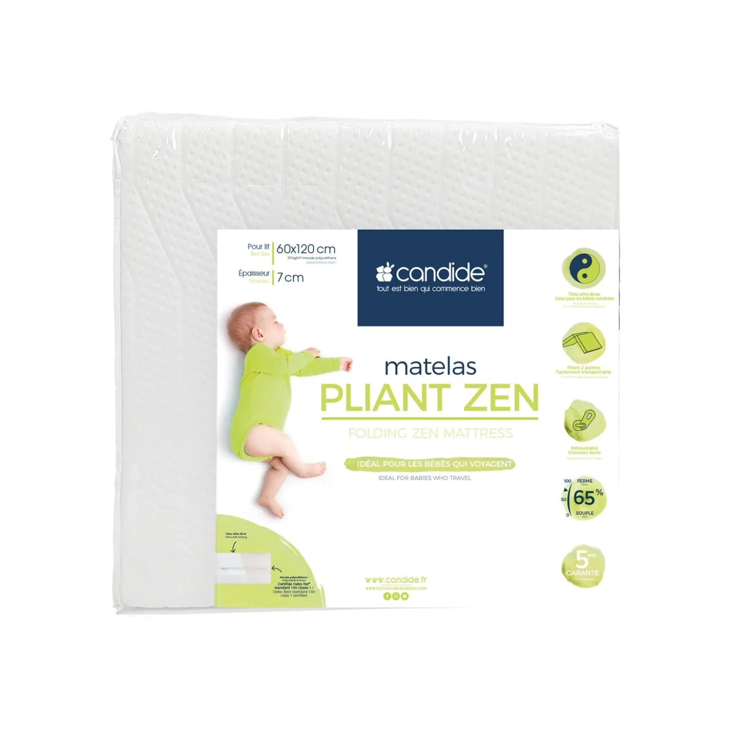 Candide Matelas Pliant 2 parties Zen déhoussable Blanc 60x120 cm
