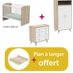 Chambre bébé complète Access blanc : lit 60x120, commode, armoire, plan à langer offert                            de Sauthon