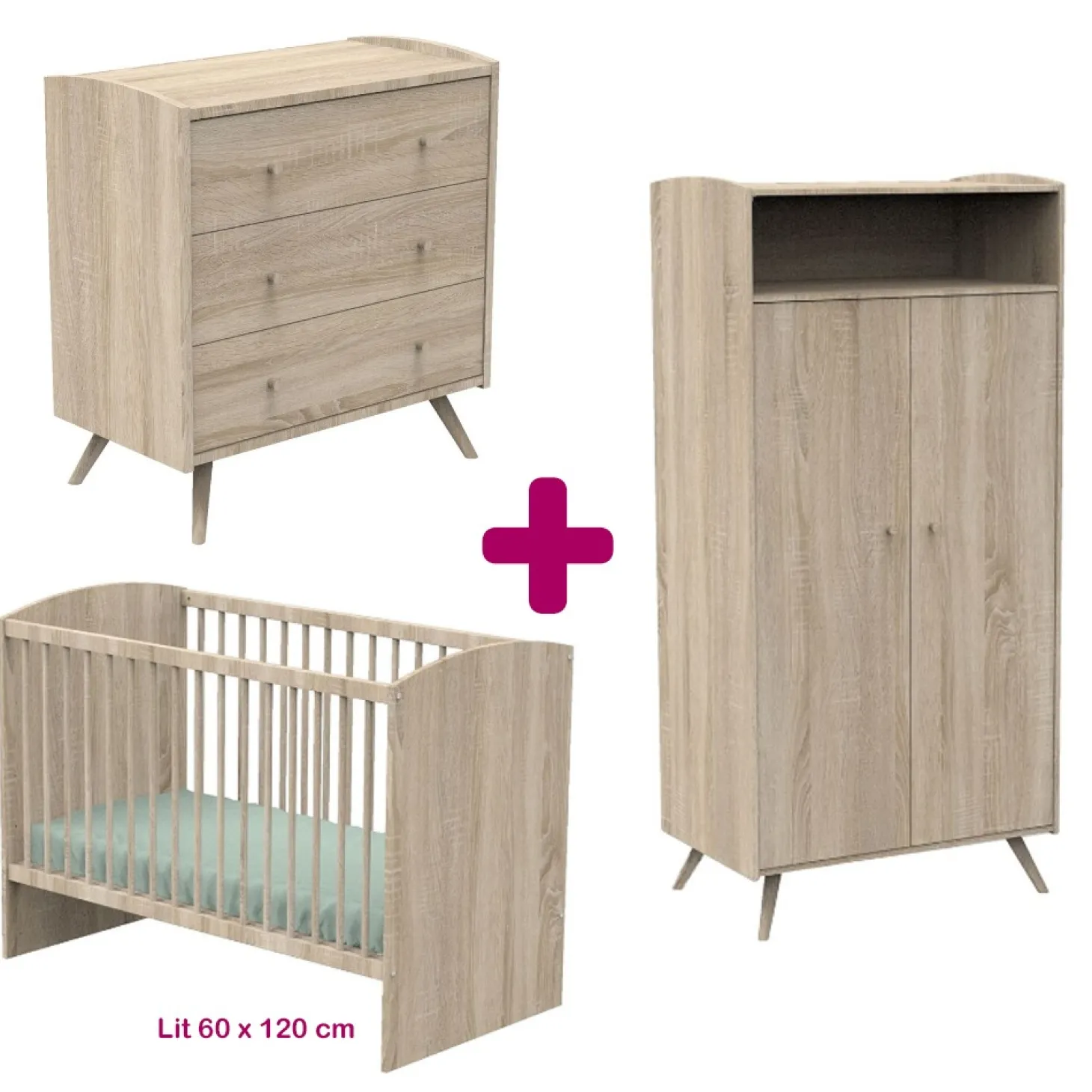 Chambre bébé complète Access bois : lit 60x120, commode, armoire de Sauthon