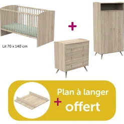 Chambre bébé complète Access bois : lit 70x140, commode, armoire, plan à langer offert                            de Sauthon