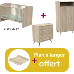 Chambre bébé complète Access bois : lit 60x120, commode, armoire, plan à langer offert                            de Sauthon