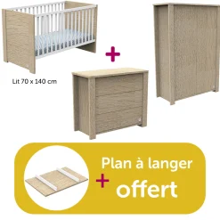 Chambre bébé Complète Antonin Bois lit  70x140, commode, armoire, plan à langer offert                            de Sauthon