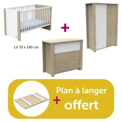 Chambre Bébé Complète Antonin Chêne Noisette Et Blanc, lit 70x140,  commode,  Armoire, plan à langer offert                            de Sauthon