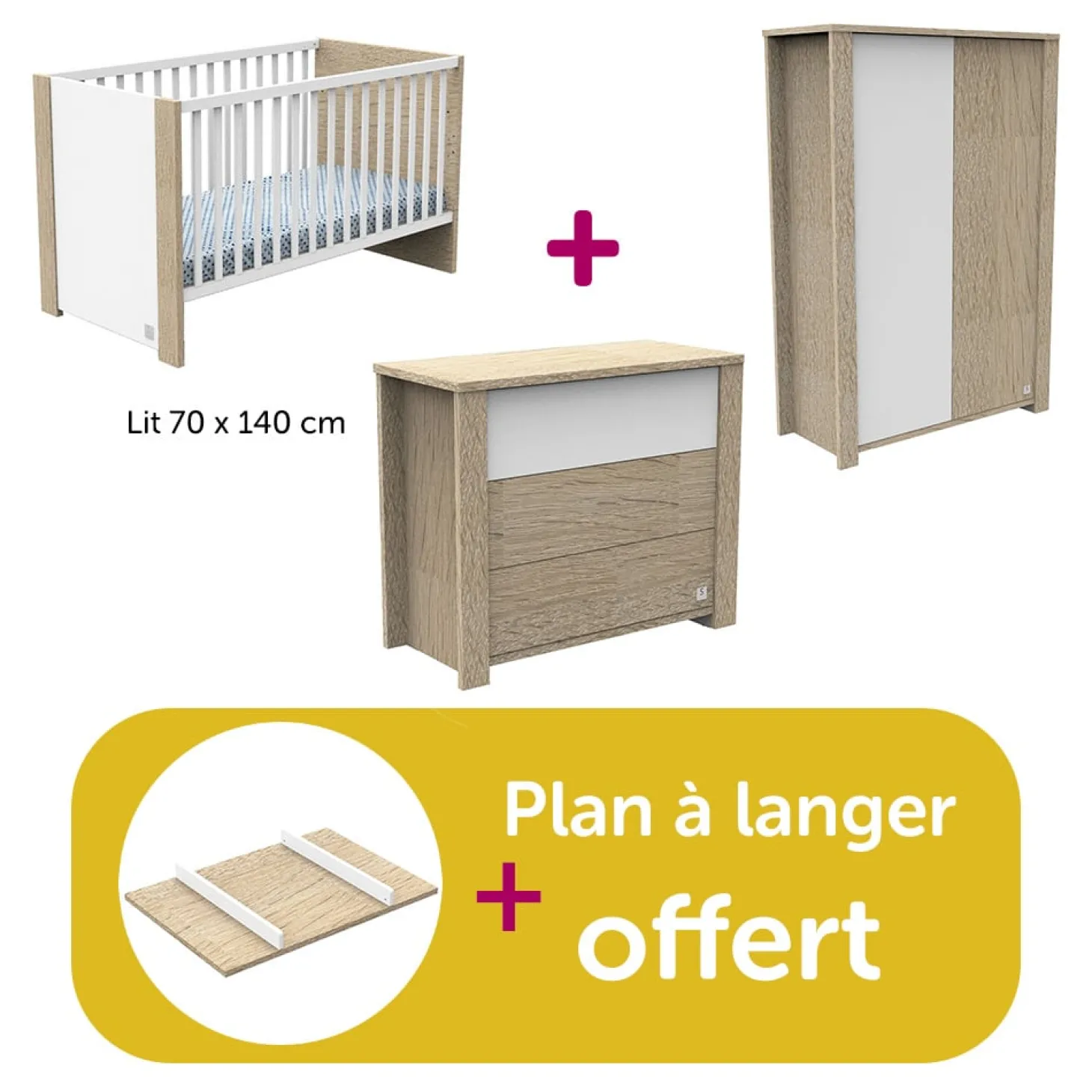 Chambre Bébé Complète Antonin Chêne Noisette Et Blanc, lit 70x140, commode, Armoire, plan à langer offert de Sauthon