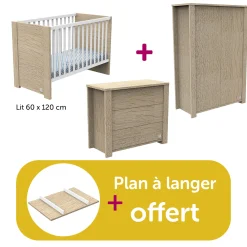 Chambre bébé complète Antonin : lit 60x120, commode, armoire, plan à langer offert                            de Sauthon