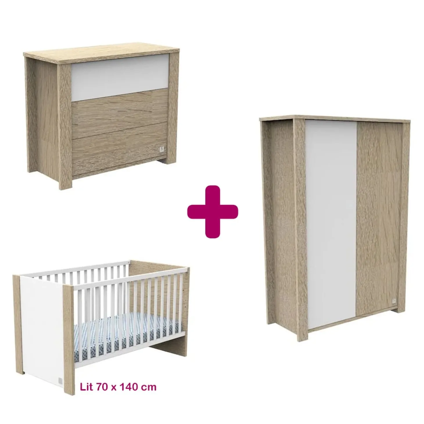 Chambre bébé complète Antonin : lit 60x120, commode, armoire de Sauthon
