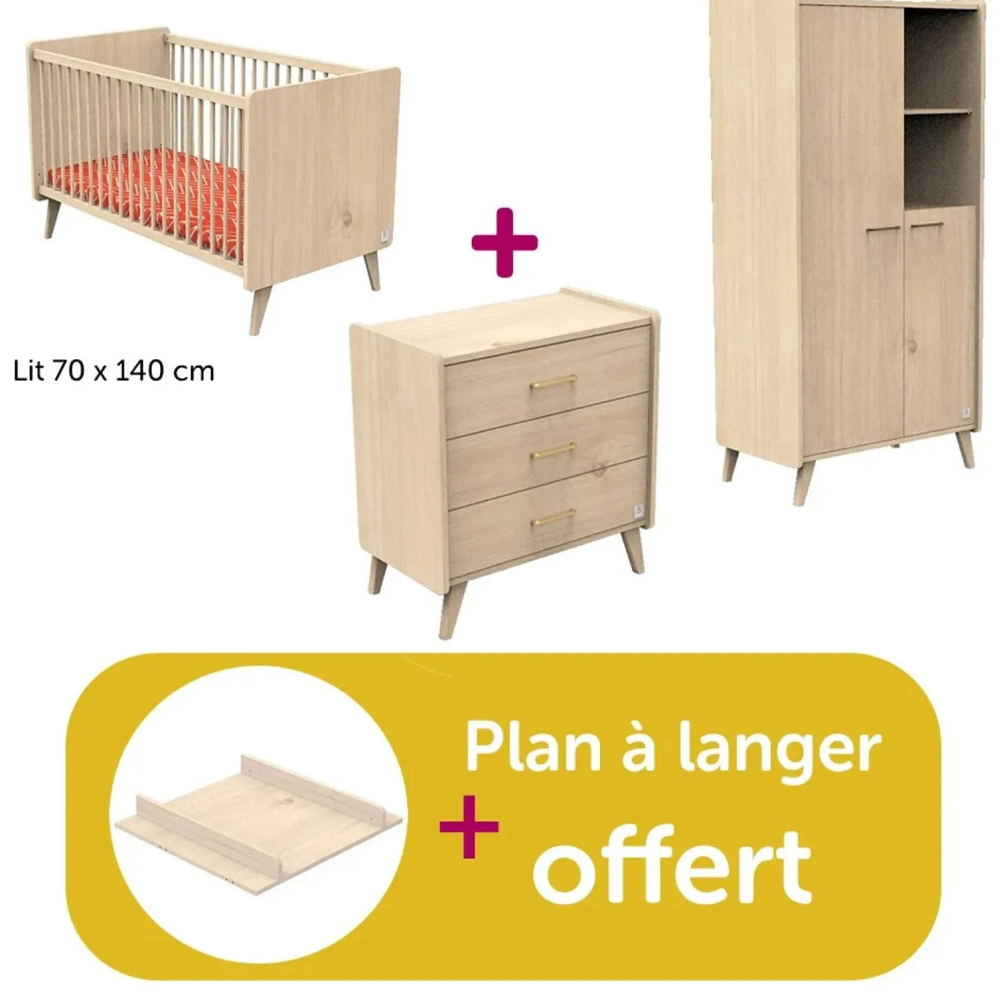 Chambre bébé complète Arty, lit 140x70, commode, armoire, plan à langer offert de Sauthon
