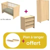 Chambre bébé complète Cannelle Chêne Miel: lit 140x70, commode, armoire, plan à langer offert                             de Sauthon