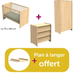 Chambre bébé complète Cannelle Chêne Miel: lit 140x70, commode, armoire, plan à langer offert                             de Sauthon