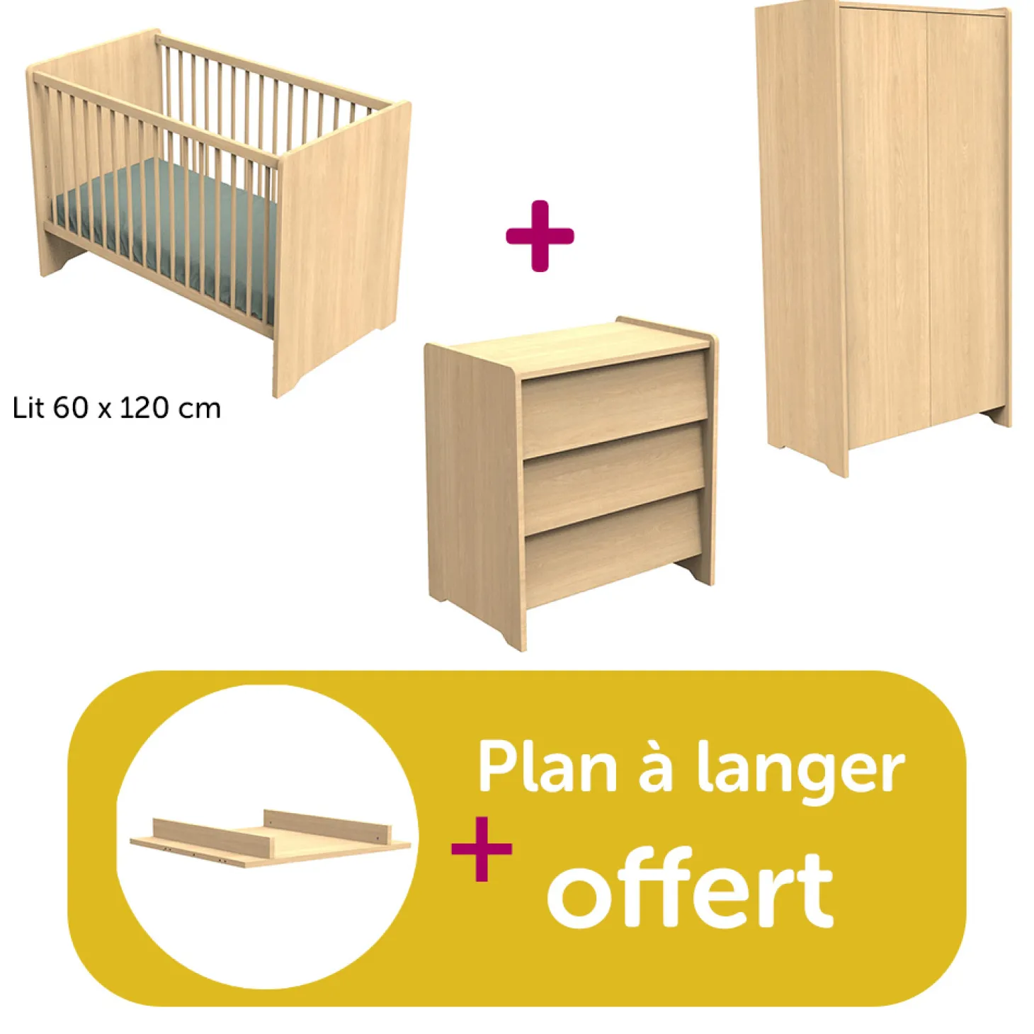 Chambre bébé complète Cannelle Chêne Miel: lit 60x120, commode, armoire, plan à langer offert de Sauthon
