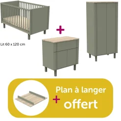 Chambre bébé complète Eléonore kaki : lit 60x120, commode, armoire, plan offert                            de Sauthon