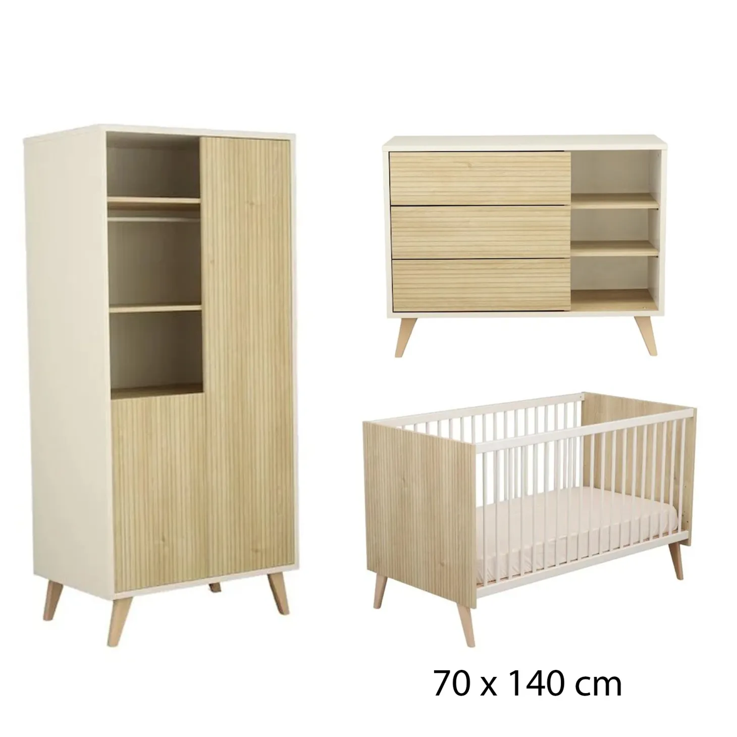 Chambre bébé complète kronos: Lit bébé 70x140 cm évolutif, Commode 3 Tiroirs 3 Niches, Armoire 2 Portes 3 Niches de Sauthon