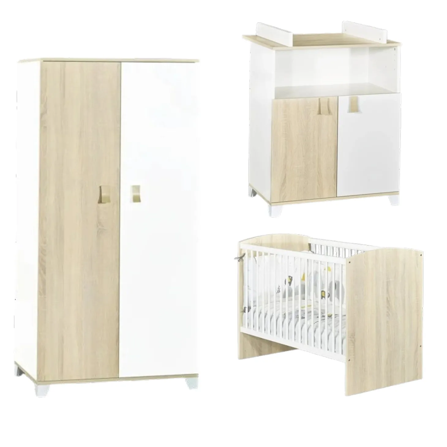 Chambre bébé complète Liaam : Lit bébé 60x120 cm, Commode avec Dispositif à Langer inclus , Armoire 2 Portes de Sauthon