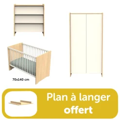 Chambre bébé complète: Lit 70x140, commode, armoire, plan à langer offert                            de Sauthon