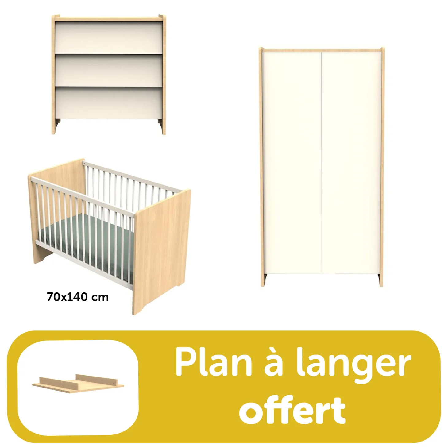 Chambre bébé complète: Lit 70x140, commode, armoire, plan à langer offert de Sauthon