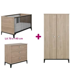 Chambre bébé complète Marcel Chêne Blond Et Noir : Lit 70x140, Commode 3 tiroirs, Armoire 2 portes                             de Galipette