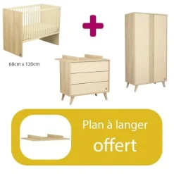 Chambre bébé complète Mélinée : Lit bébé transformable  60x120, Commode 3 tiroirs  Armoire 2 portes  plan offert                             de Sauthon