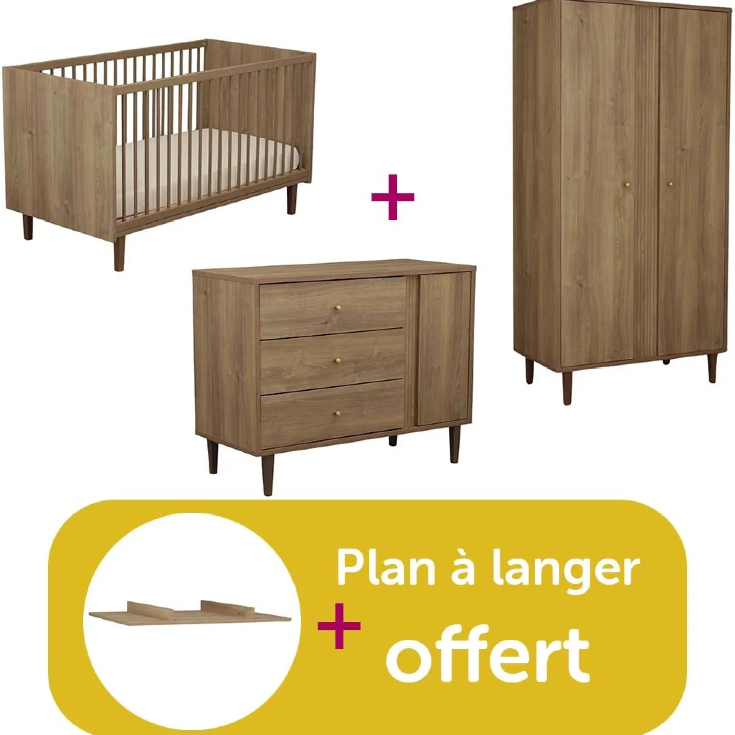 Chambre bébé complète Mokka : Lit little big bed 70x140, Commode 3 tiroirs 1 porte Armoire 2 portes Dispositif à langer offert de Sauthon