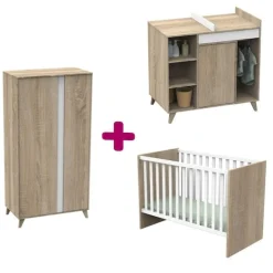 Chambre bébé complète Nova : lit 60x120, commode, armoire                            de Sauthon