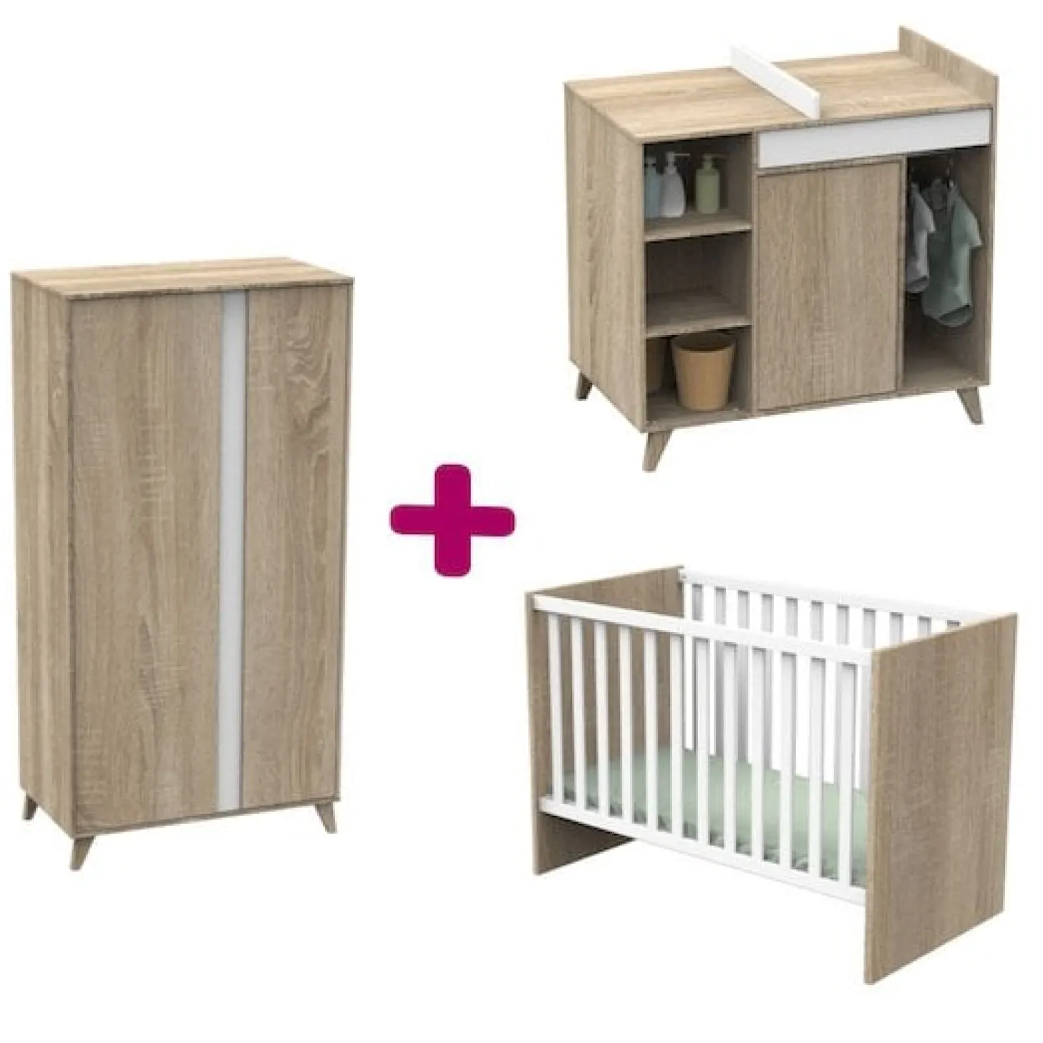 Chambre bébé complète Nova : lit 60x120, commode, armoire de Sauthon