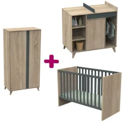 Chambre bébé complète Nova : lit 60x120, commode, armoire                            de Sauthon