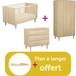Chambre bébé complète Paloma :  Lit bébé Paloma bois 70x140  évolutif, Commode 3 tiroirs  bois, Armoire 2 portes  bois, Plan  à langer bois offert                             de Sauthon