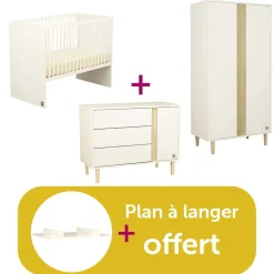 Chambre bébé complète Paloma : Lit 120 X 60, Commode  3 Tiroirs + 1 porte, Amoire 2 portes , Plan à langer Grand, modèle blanc offert                             de Sauthon