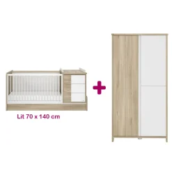 Chambre bébé complète Sacha Du Bocage : lit combiné évolutif 70x140, armoire                            de Galipette
