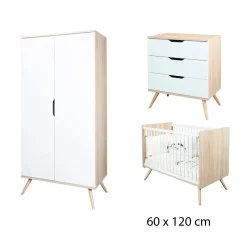 Chambre bébé complète Sixties : Lit bébé 60x120 cm Bois  Chêne doré / Blanc, Commode 3 Tiroirs ,  Armoire 2 Portes                             de Sauthon