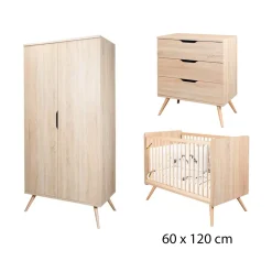Chambre bébé complète Sixties : Lit bébé 60x120 cm Bois Chêne doré, Commode 3 Tiroirs Bois Chêne doré, Armoire 2 Portes Bois Chêne doré                             de Sauthon