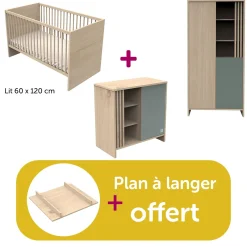 Chambre bébé complète Tokyo : lit 12x160 commode , Amoire  plan offert                            de Sauthon
